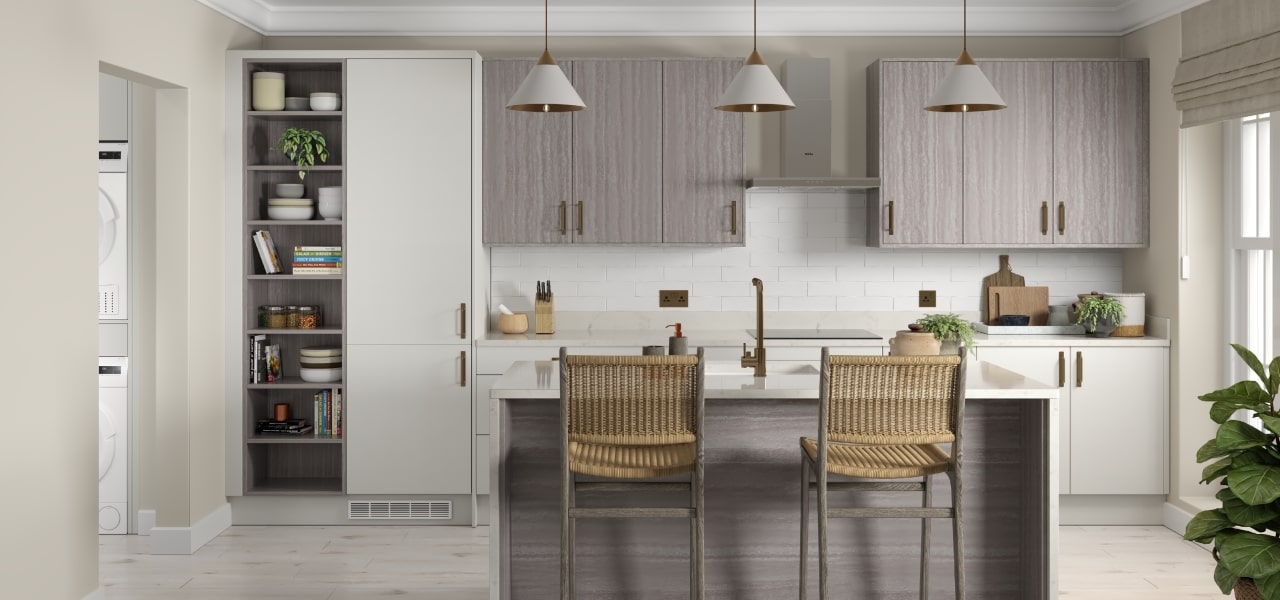 Elements Kitchen in Travertine Moka & Contour Ermine Ceramic kitchen