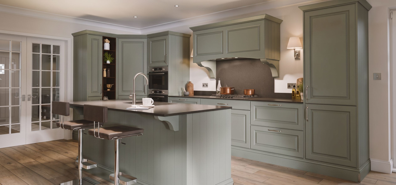 Georgian Ermine Kitchen in Moss Green Matt kitchen