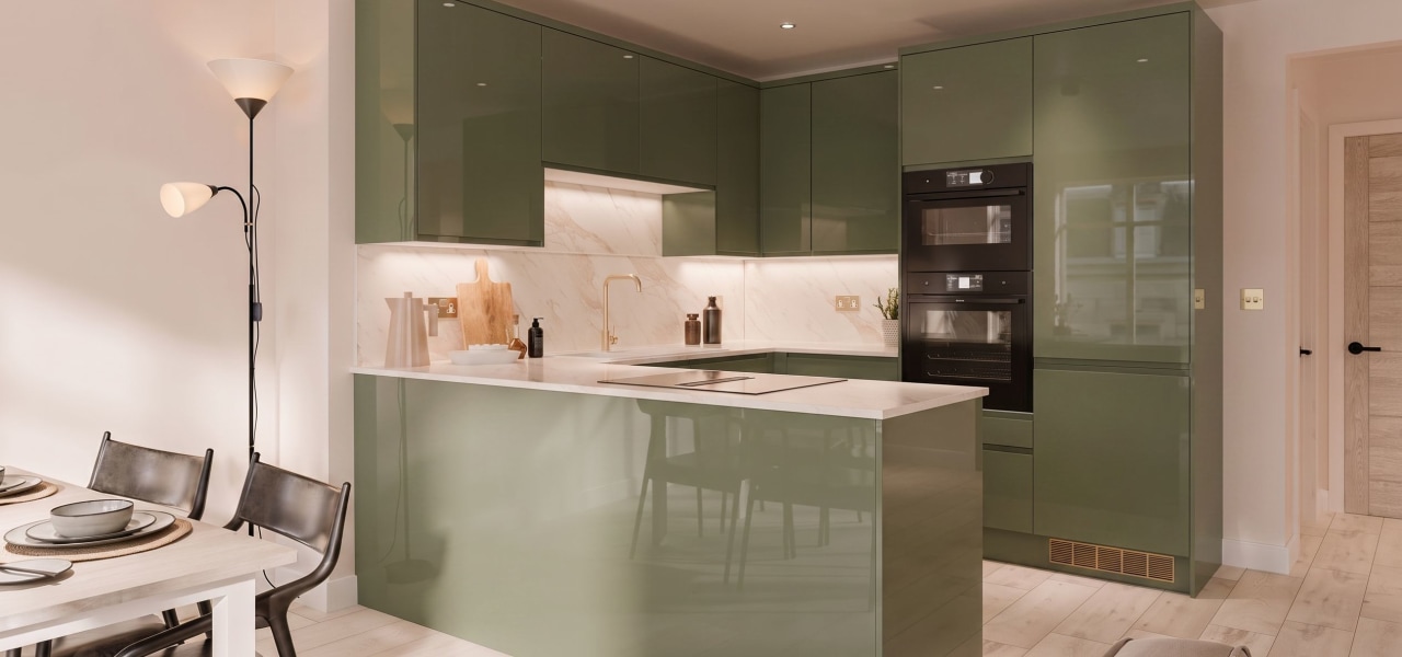 J Pull Kitchen in Moss Green Gloss kitchen
