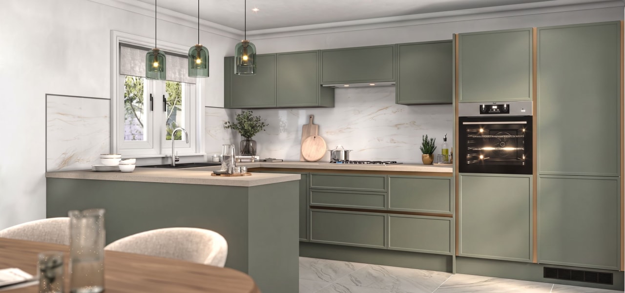 Milano Shaker Super Slim Ermine Kitchen in Moss Green kitchen