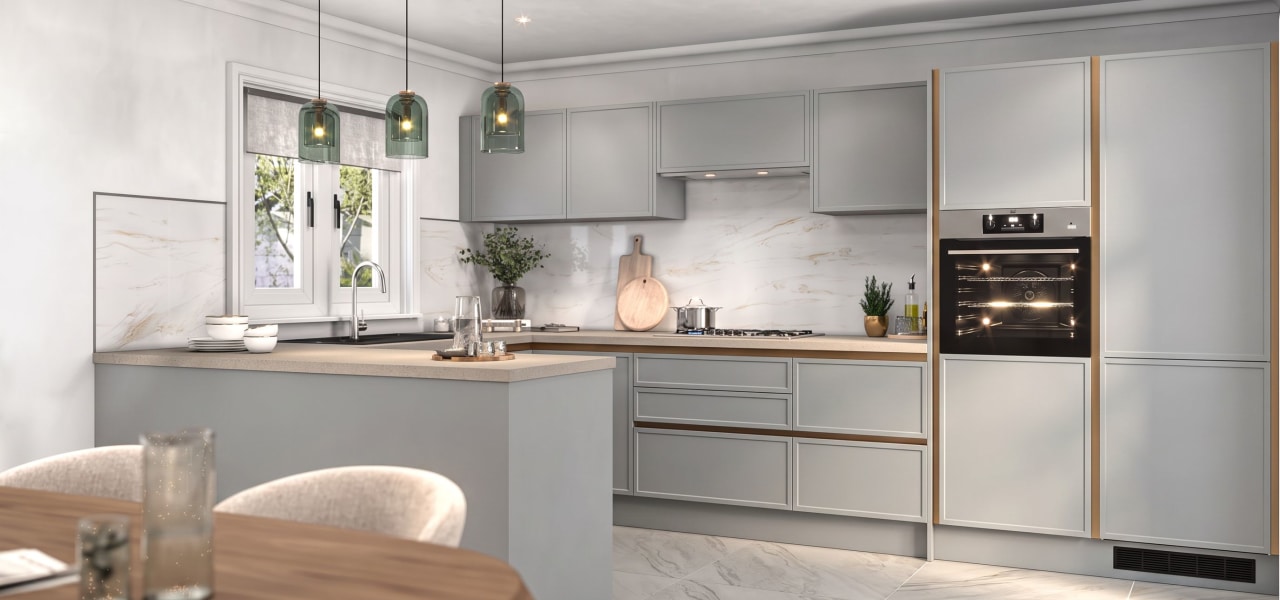 Milano Shaker Super Slim Ermine Kitchen in Sea Foam Blue kitchen