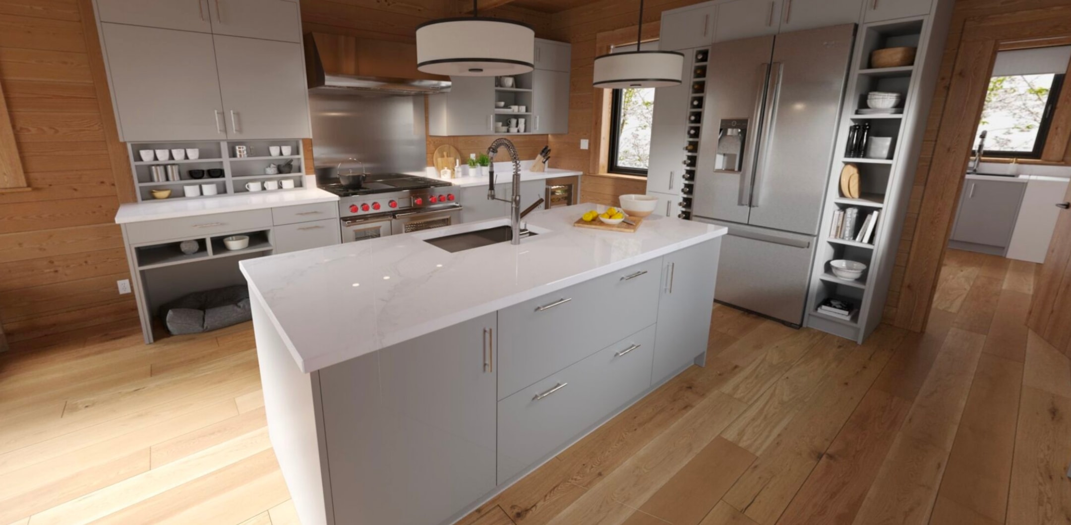 3d Rendering Of A Fresh And Vibrant Green Kitchen Featuring Black