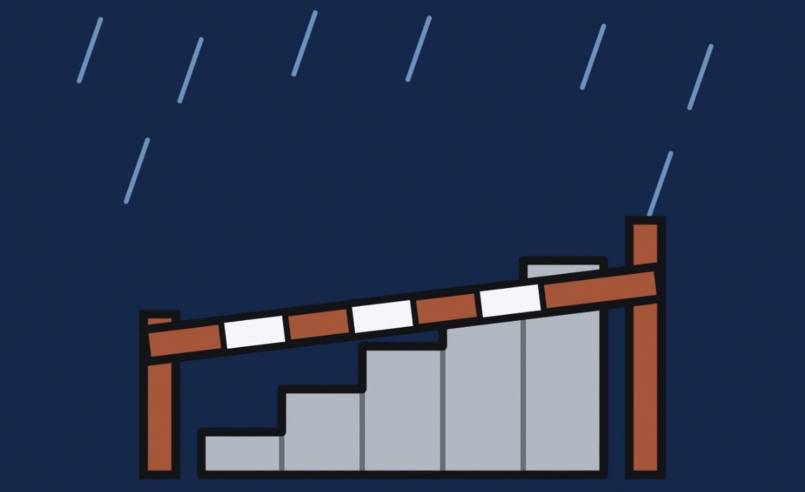 Ilustración de una escalera de piedra cortada por una tranquera, bajo la lluvia.