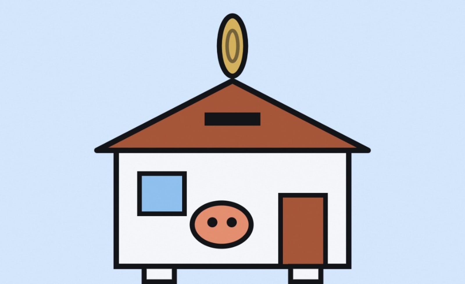 Ilustración de una casa que es también una alcancía, con ranura en el techo y una moneda cayendo.