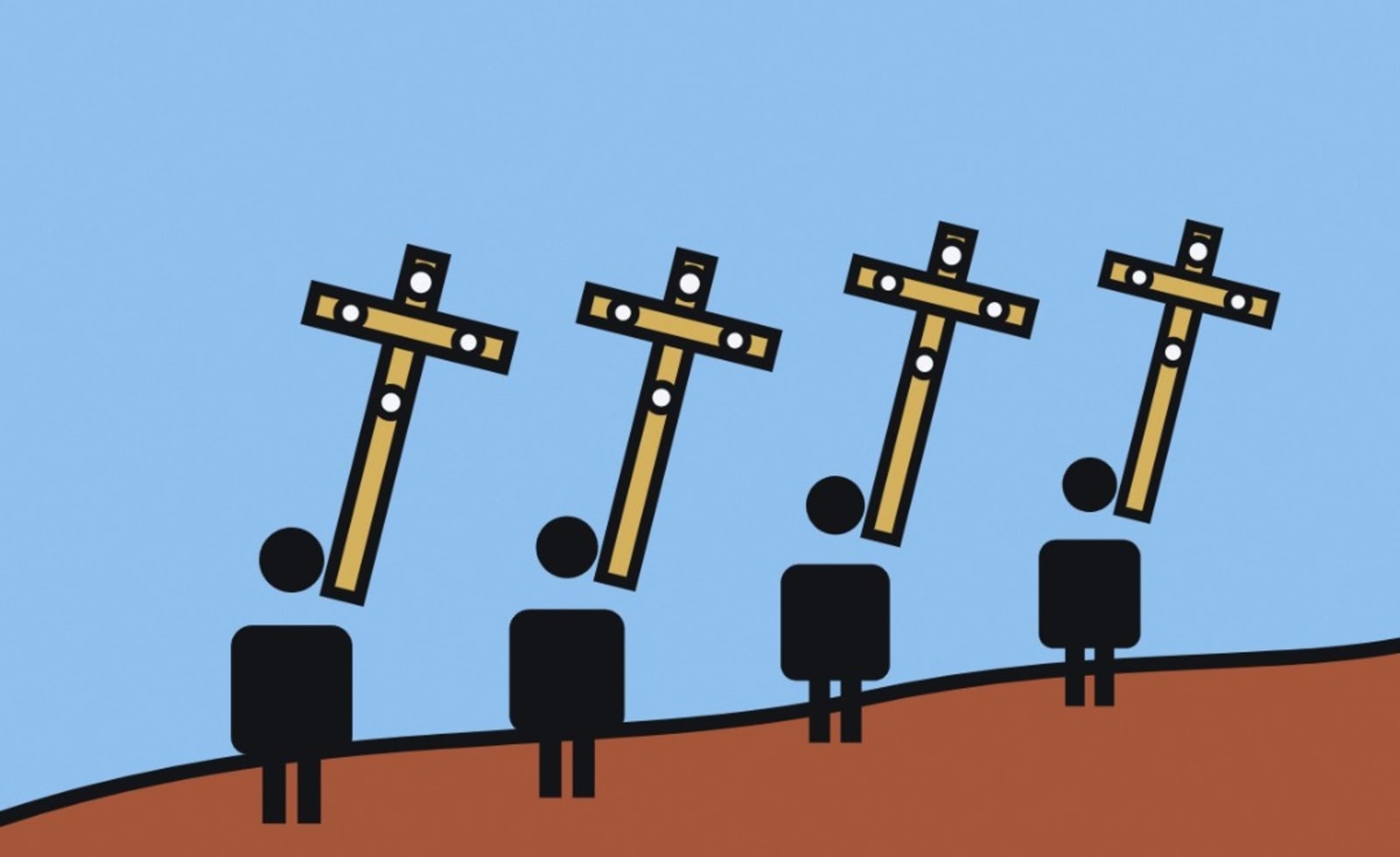 Ilustración de cuatro siluetas subiendo una loma con cruces altas forradas de espejos al hombro.
