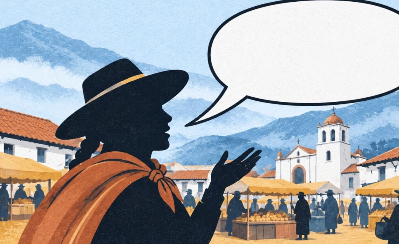Ilustración de una mujer de perfil, en silueta, con sombrero de ala ancha y manta, hablando con un globo de diálogo vacío sobre la plaza de un pueblo en día de feria.
