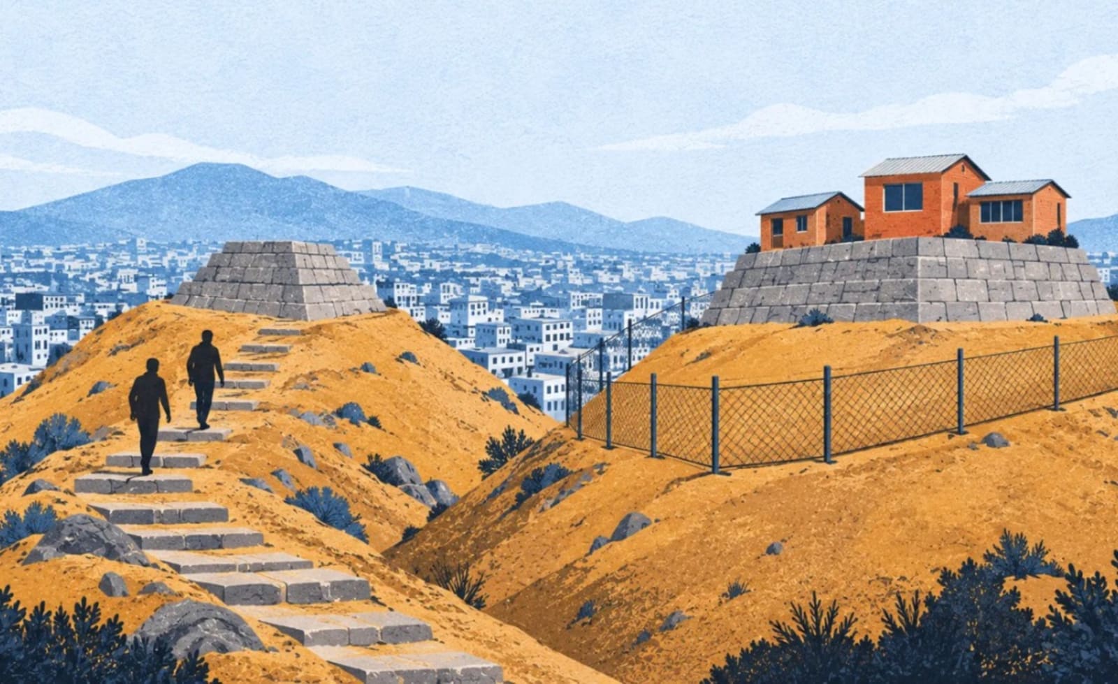 Ilustración de dos cerros con pirámides de piedra, al de la izquierda se sube por una escalera y el de la derecha está cercado y con casas de ladrillo encima, con la ciudad al fondo.
