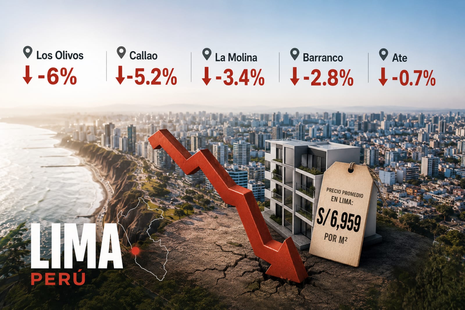 Gráfico sobre la costa de Lima con una flecha roja en caída y el precio promedio de S/ 6,959 por metro cuadrado. Arriba, las bajadas del año en Los Olivos con 6%, Callao con 5.2%, La Molina con 3.4%, Barranco con 2.8% y Ate con 0.7%