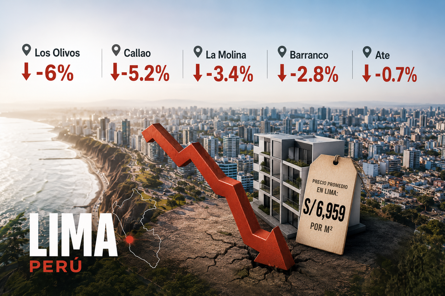 Gráfico sobre la costa de Lima con una flecha roja en caída y el precio promedio de S/ 6,959 por metro cuadrado. Arriba, las bajadas del año en Los Olivos con 6%, Callao con 5.2%, La Molina con 3.4%, Barranco con 2.8% y Ate con 0.7%