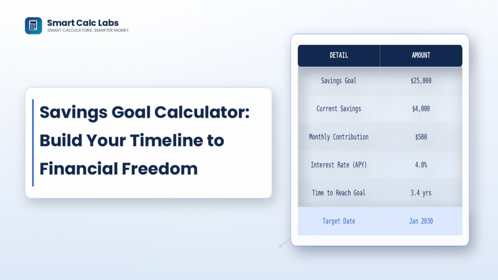 Flat illustration of a savings goal jar filling with monthly contributions along a timeline leading to a target flag, with a compound interest growth curve rising above