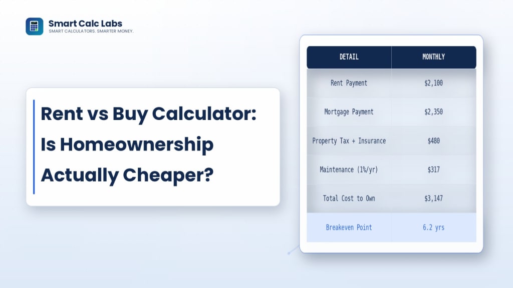 Flat illustration with an apartment building on the left versus a house with a mortgage cost graph on the right, and a balance scale comparing long-term renting and buying costs
