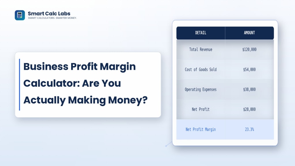Flat illustration of a profit margin calculator with revenue-minus-cost formula, a percentage gauge dial, and a blue bar chart comparing gross and net margins