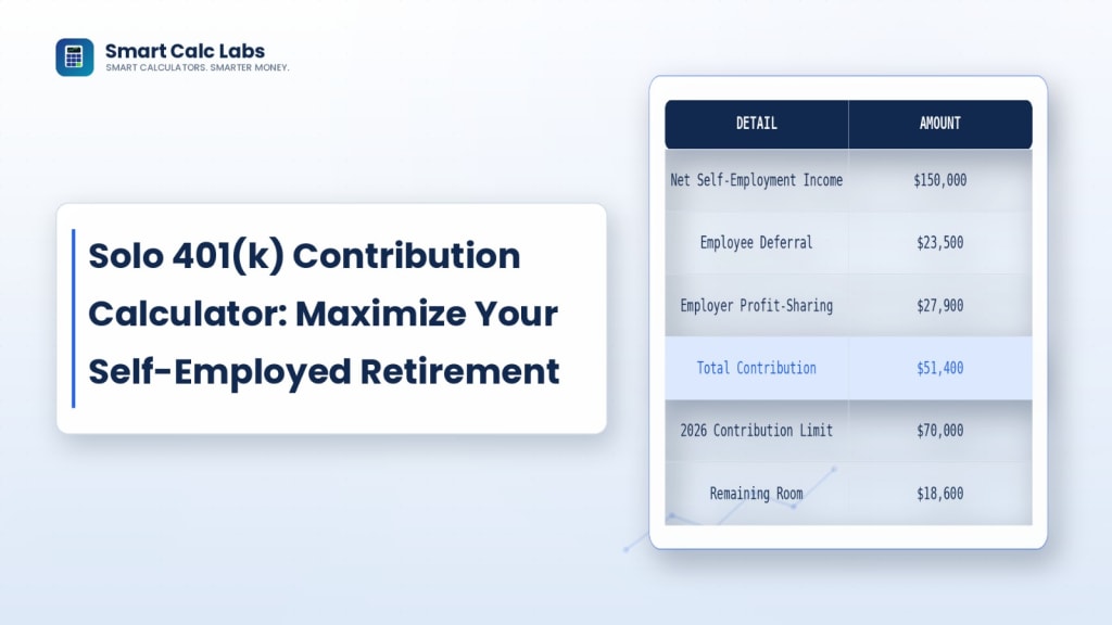 Flat illustration of a retirement contribution calculator dashboard with sliders, a compounding growth curve reaching $1.8 million, and a secure vault icon