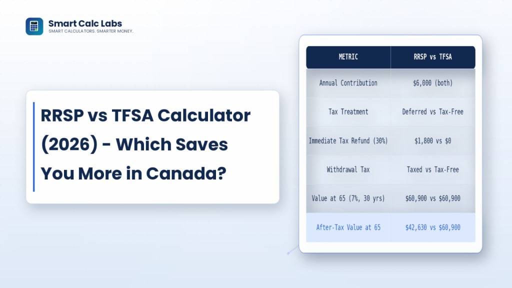 Flat illustration comparing RRSP and TFSA savings growth bars over time with Canadian maple leaf accents and tax shield icons on a blue dashboard