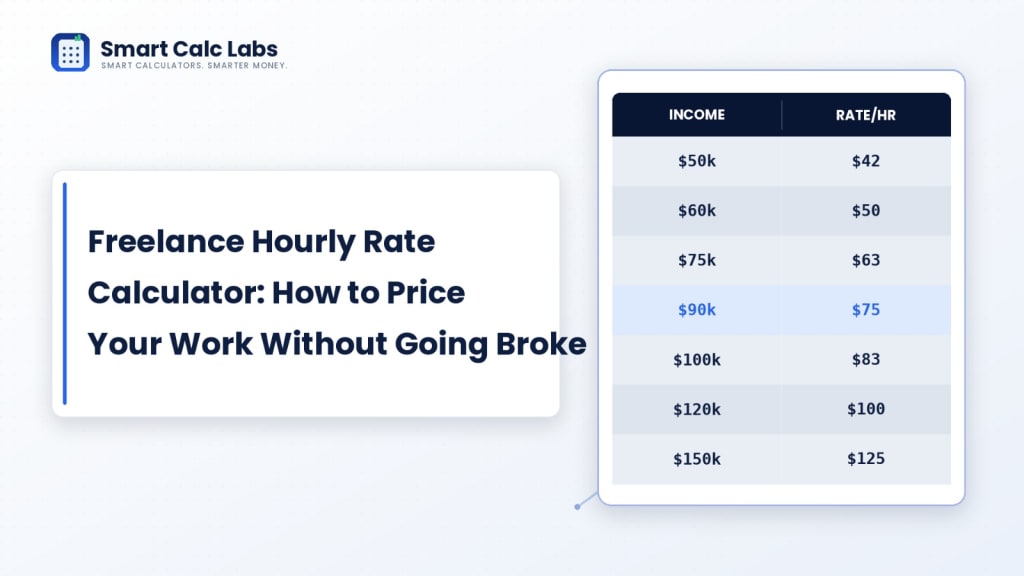 Flat illustration of a freelancer at a laptop with hourly rate sliders showing income, expenses, and taxes beside a rising earnings chart