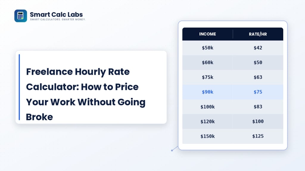 Flat illustration of a freelancer at a laptop with hourly rate sliders showing income, expenses, and taxes beside a rising earnings chart