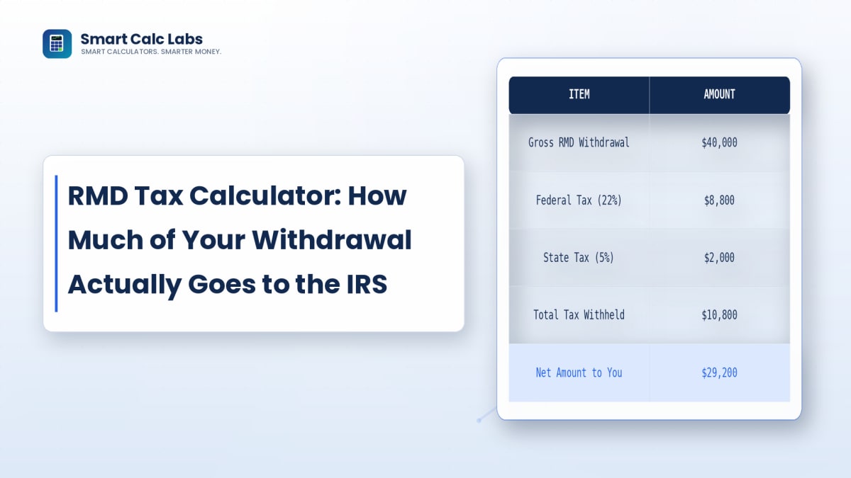 Flat illustration of an RMD withdrawal splitting into a tax withholding portion sent to a government building and a net deposit portion sent to a bank account, with a percentage slider