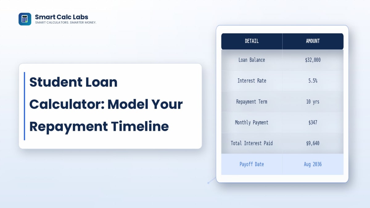 Flat illustration of a graduation cap connected to a loan balance bar chart shrinking over a repayment timeline with an interest accrual curve on a blue-white background