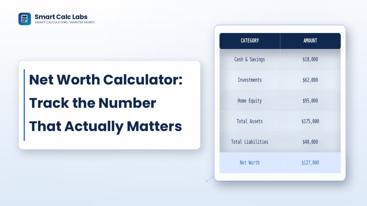 Flat illustration of a net worth balance scale with assets including house, investments, and savings on one side and liabilities like mortgage and loans on the other