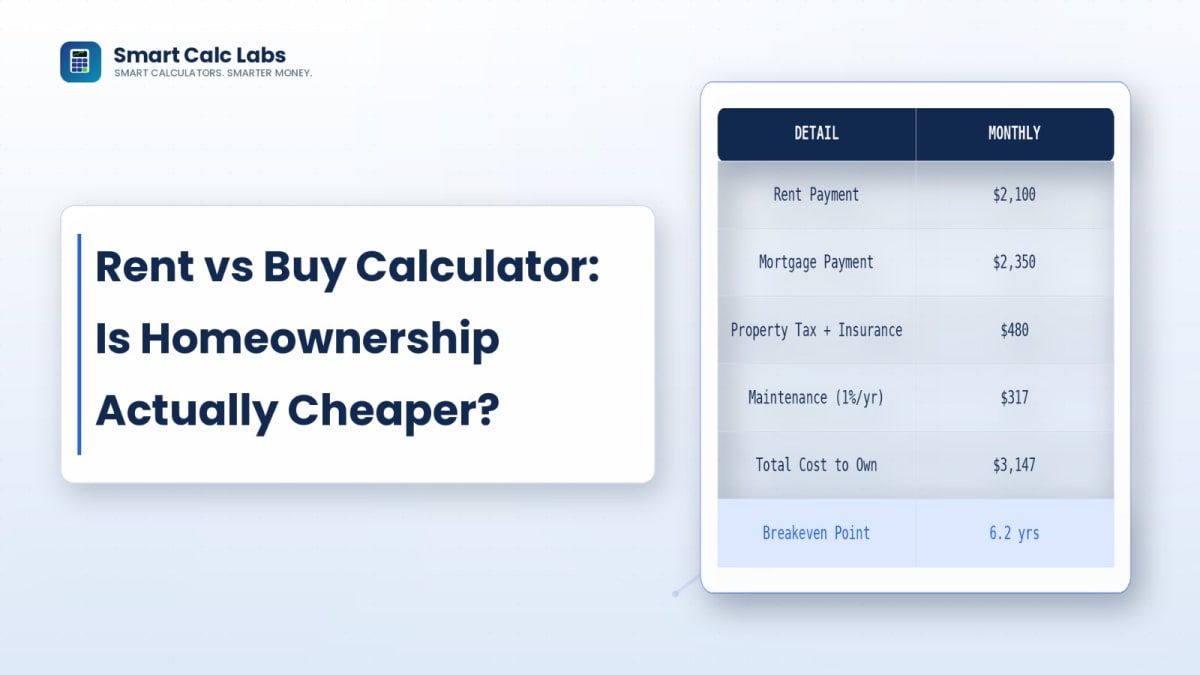 Flat illustration with an apartment building on the left versus a house with a mortgage cost graph on the right, and a balance scale comparing long-term renting and buying costs