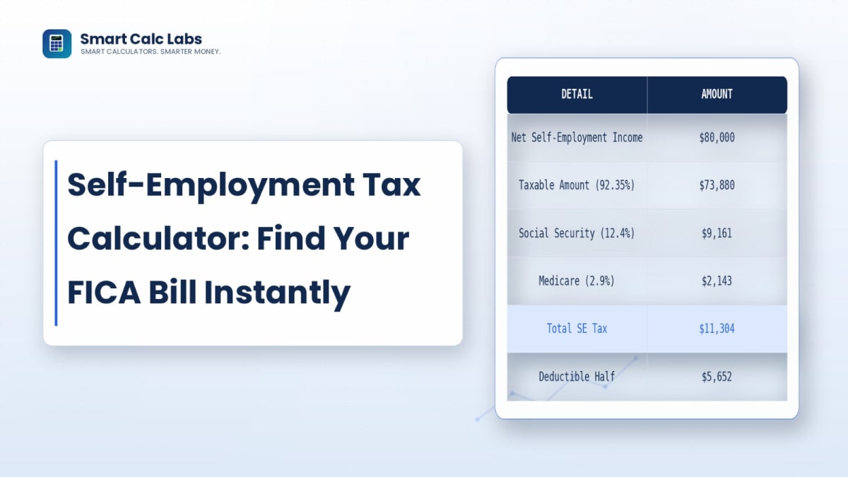 Flat illustration of a self-employment tax calculator showing a FICA donut chart split between Social Security and Medicare with net income result on a blue background