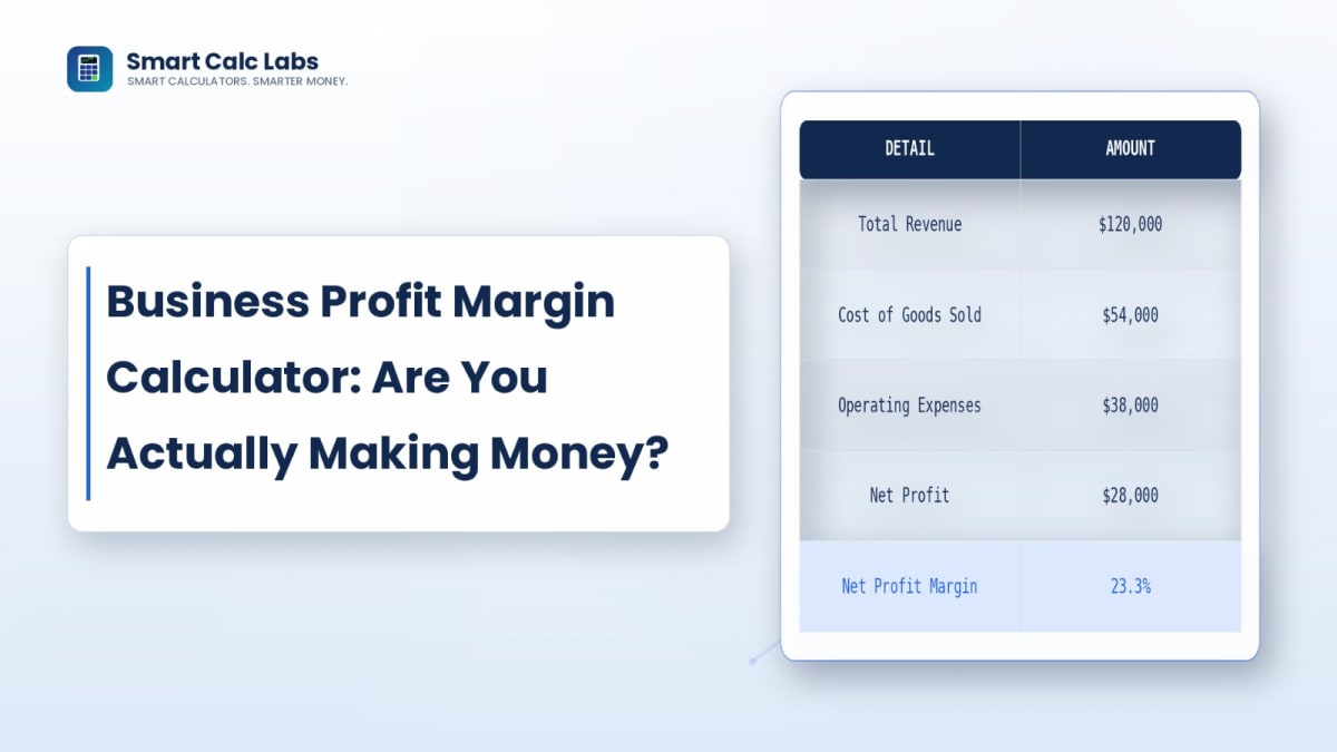 Flat illustration of a profit margin calculator with revenue-minus-cost formula, a percentage gauge dial, and a blue bar chart comparing gross and net margins