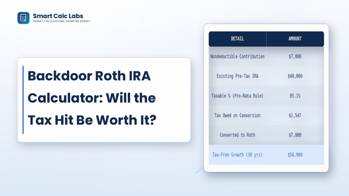 Flat illustration of a traditional IRA piggy bank converting through an arrow into a Roth IRA vault with a tax-free growth chart on a blue-white background