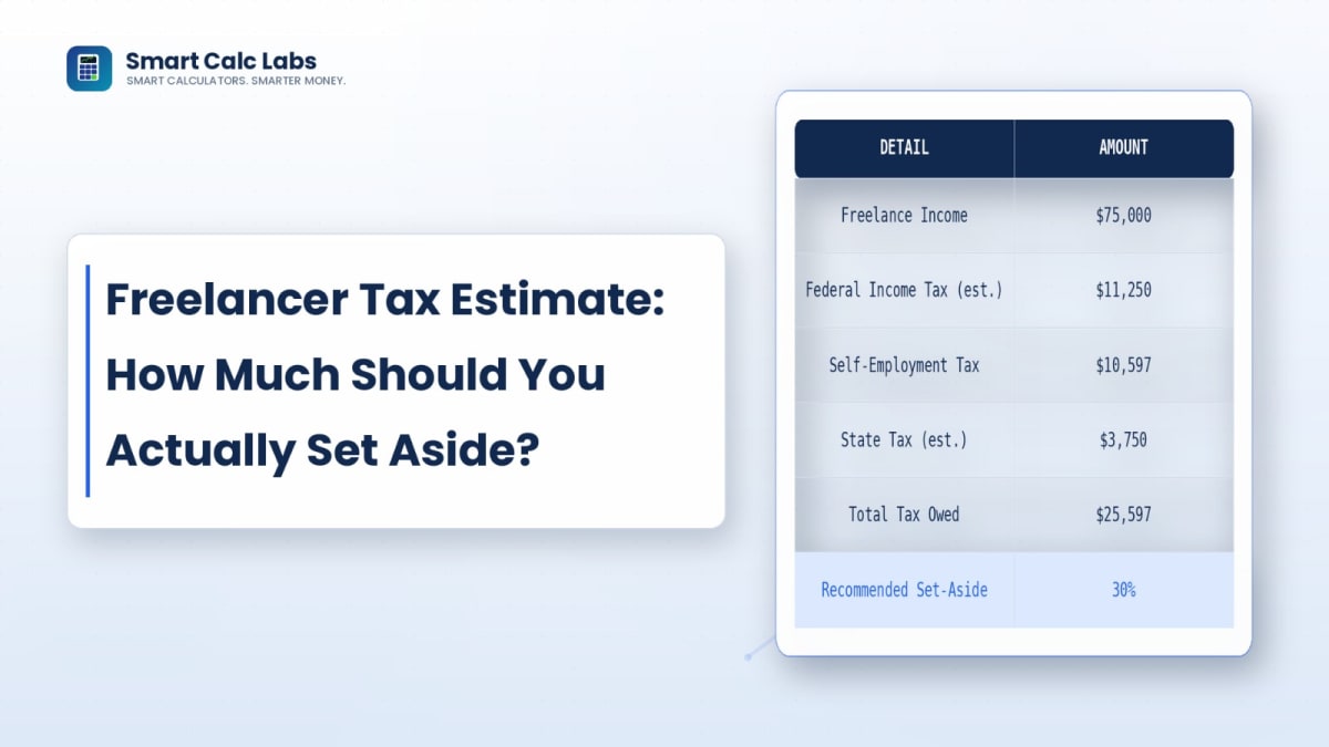 Flat illustration of gross earnings flowing into a tax estimator calculator with income tax and self-employment tax bars and a net income donut chart
