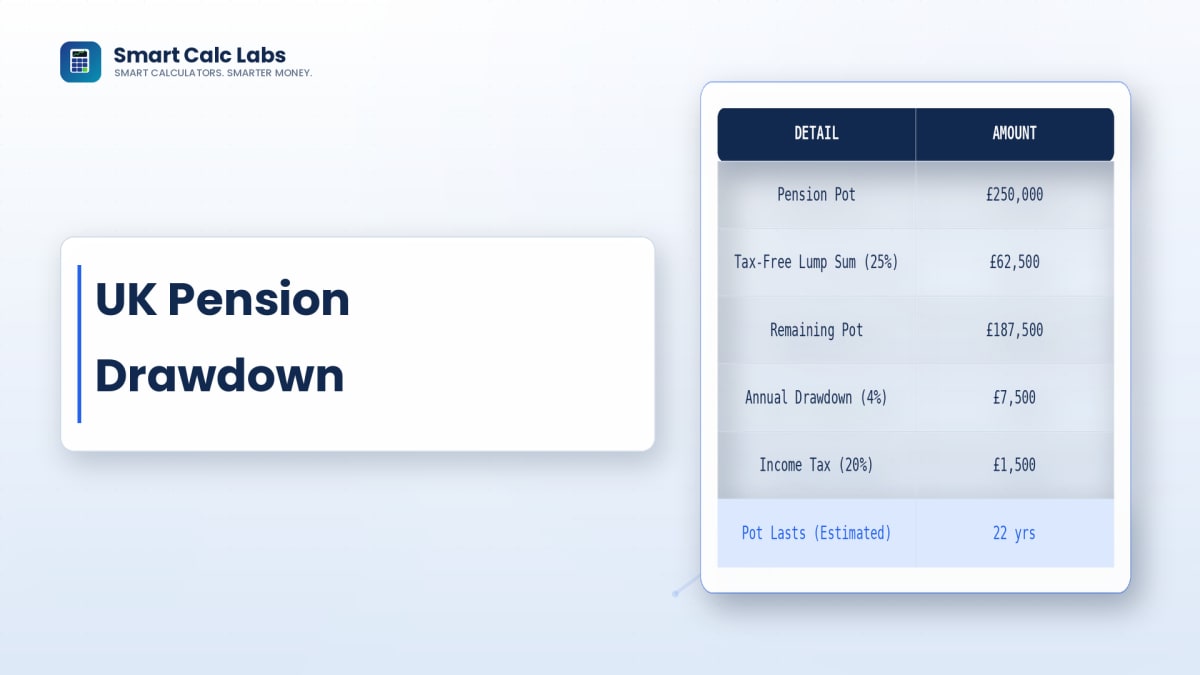 Flat illustration of a UK pension pot with drawdown withdrawal arrows flowing into a retirement income timeline bar chart on a blue-white background