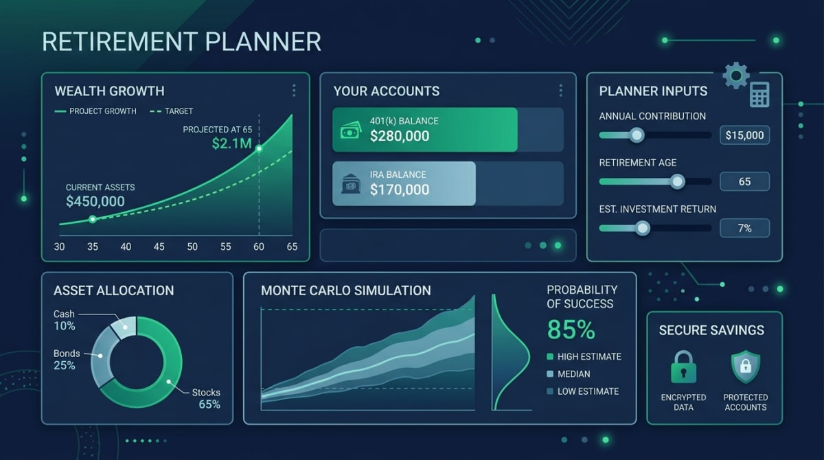 Modern digital retirement planner dashboard showing investment growth, 401k balances, Monte Carlo probability curve, and savings goal sliders