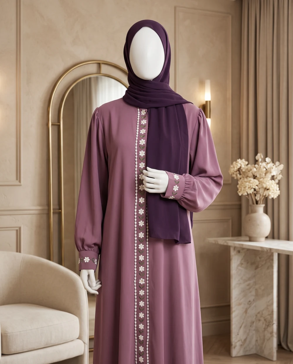 Rosette – Mauve Floral Placket Abaya