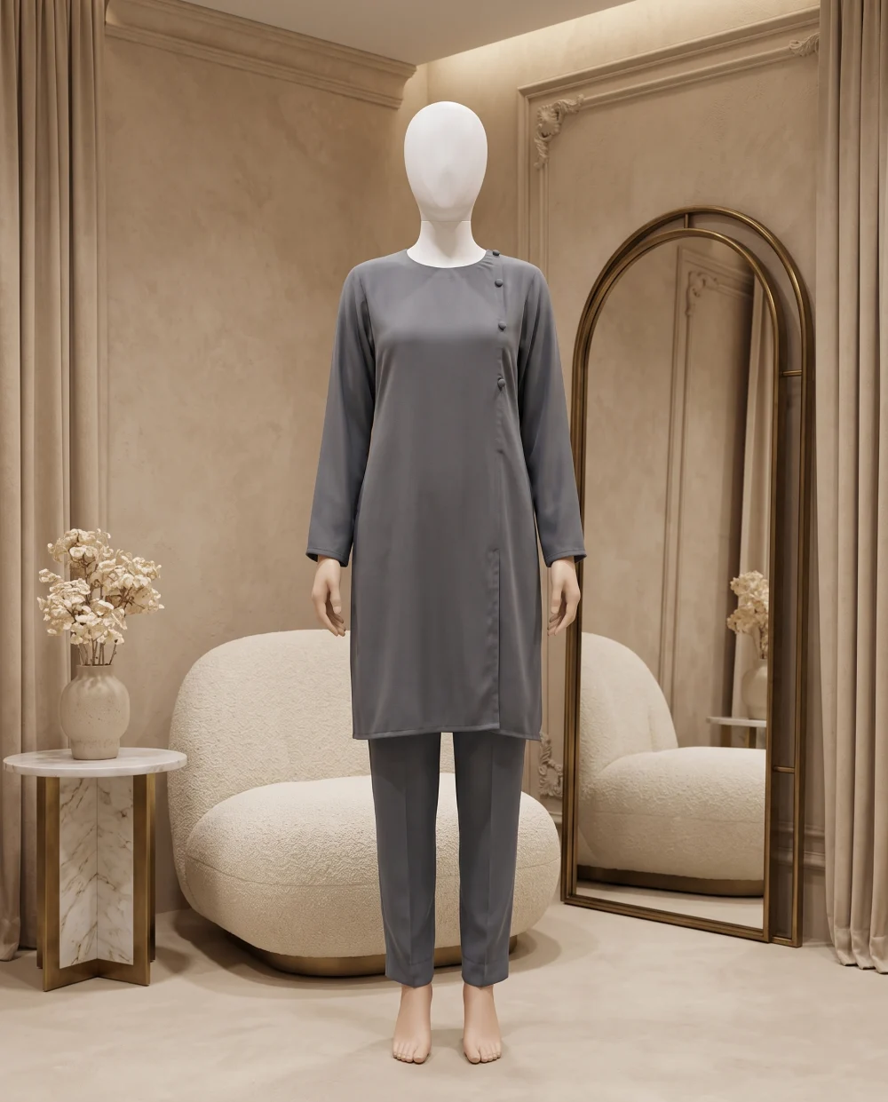 Two-Piece Slate Grey Overlap Modest Set