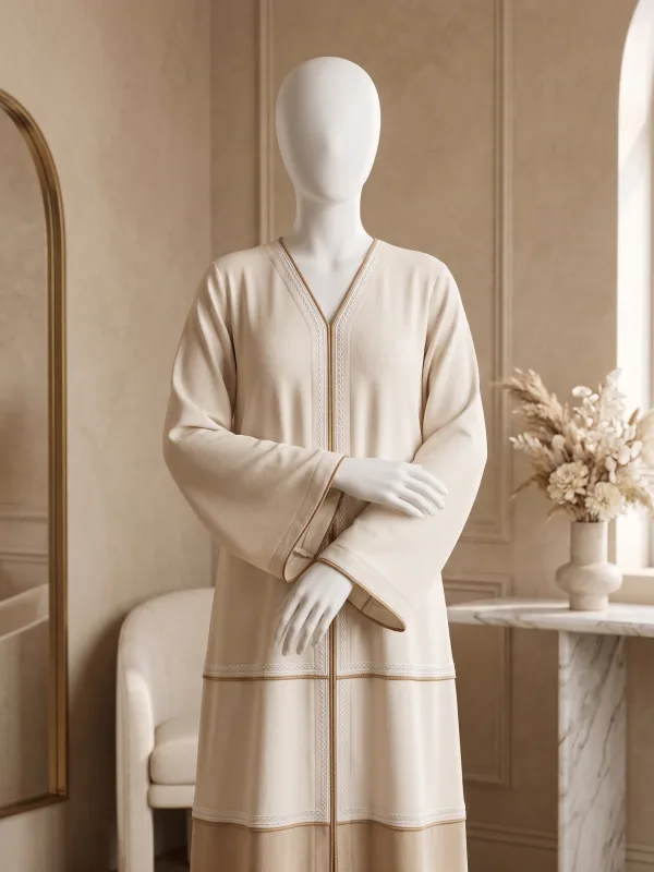 Ayla – Contrast Piped Off-White Abaya
