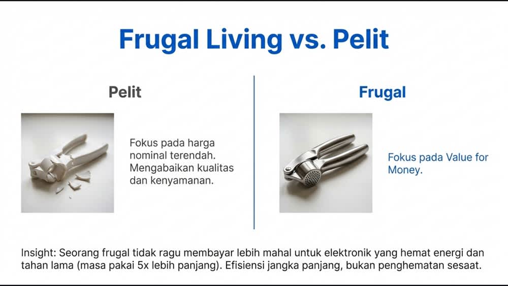 Perbandingan gambar penghancur bawang berkualitas rendah (pelit) vs berkualitas tinggi (frugal) untuk menjelaskan konsep value for money.