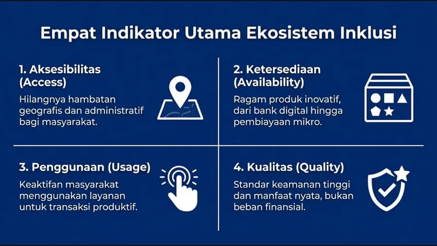 Empat indikator inklusi keuangan: akses, ketersediaan, penggunaan, dan kualitas layanan.