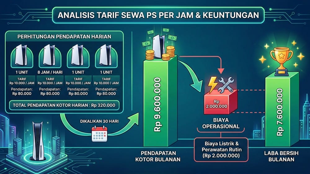 Tabel rincian estimasi biaya investasi awal untuk modal usaha rental PS skala kecil.