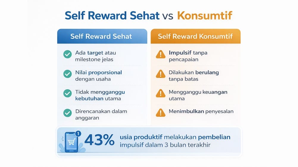 Perbandingan self reward vs hedonisme dalam konteks pengelolaan keuangan personal dan budgeting.