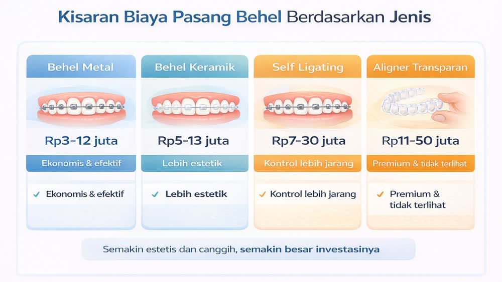 Perbandingan jenis behel metal, keramik, dan sapphire untuk estimasi biaya pasang behel.