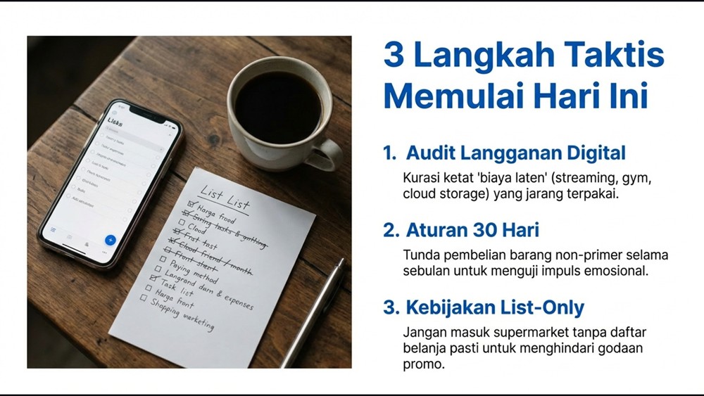 Infografis 3 langkah taktis memulai frugal living meliputi audit langganan digital, aturan 3 hari, dan kebijakan list-only.