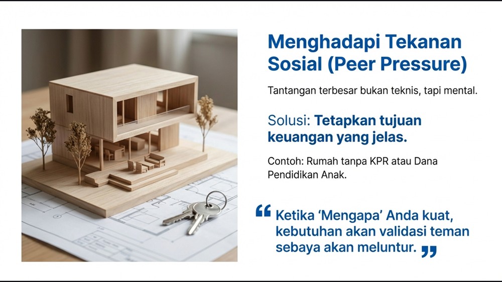 Maket rumah minimalis di atas meja sebagai simbol penetapan tujuan keuangan yang jelas untuk menghadapi tekanan sosial teman sebaya.