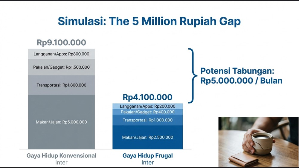 Grafik perbandingan simulasi biaya hidup konvensional vs gaya hidup frugal dengan potensi tabungan 5 juta rupiah per bulan.