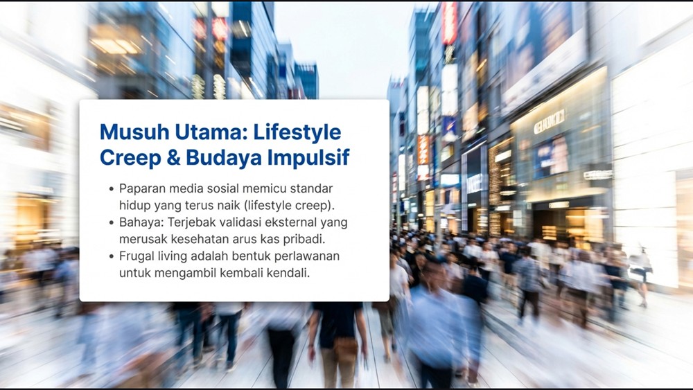 Foto blur kerumunan orang di pusat perbelanjaan yang menggambarkan bahaya lifestyle creep dan budaya impulsif dalam keuangan.