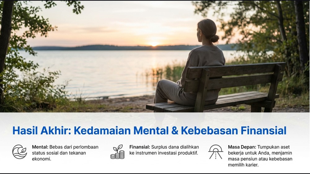 Seseorang duduk tenang di tepi danau saat matahari terbenam melambangkan kedamaian mental dan kebebasan finansial hasil frugal living.