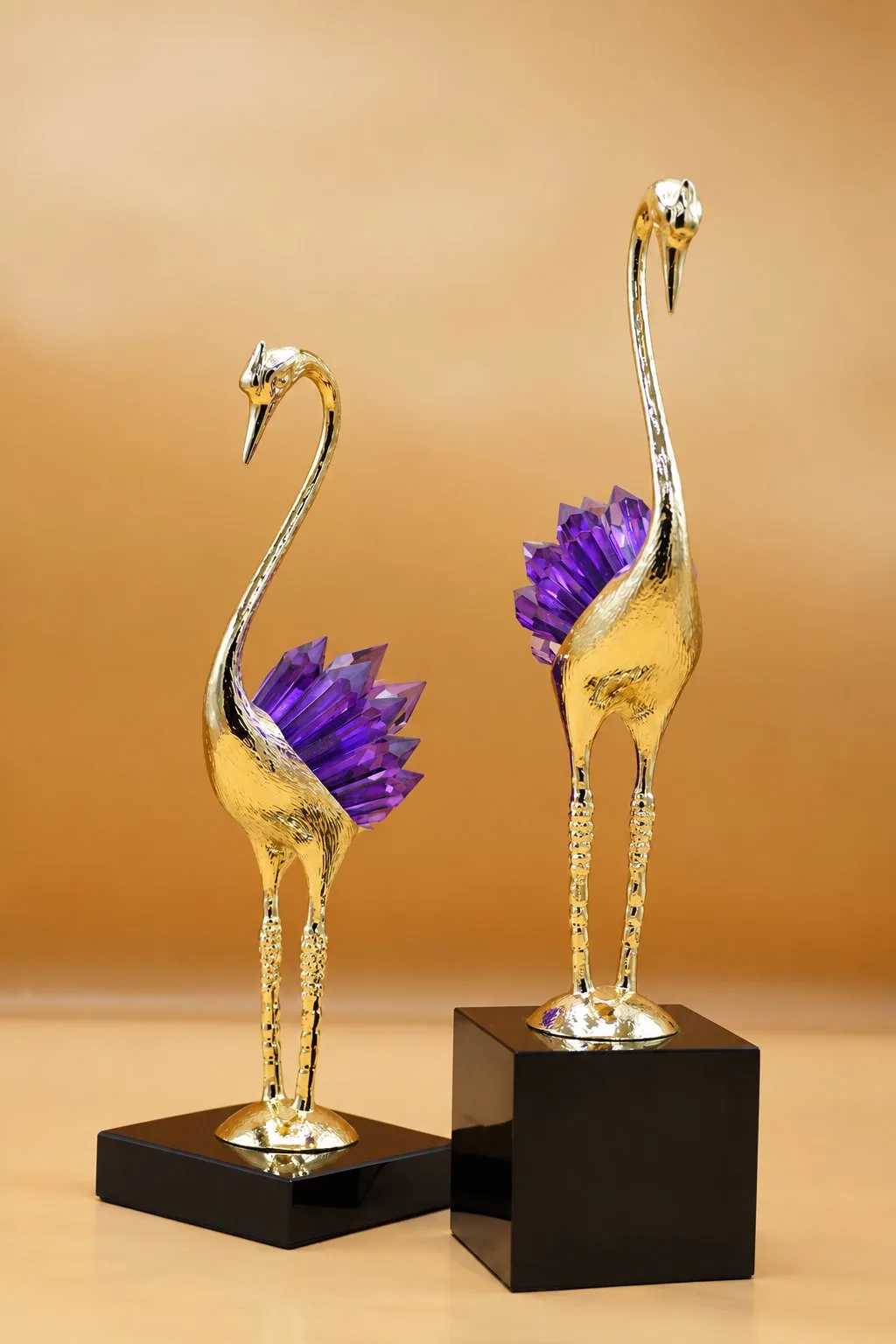 Golden Swan Pair with Purple Crystal Feathers