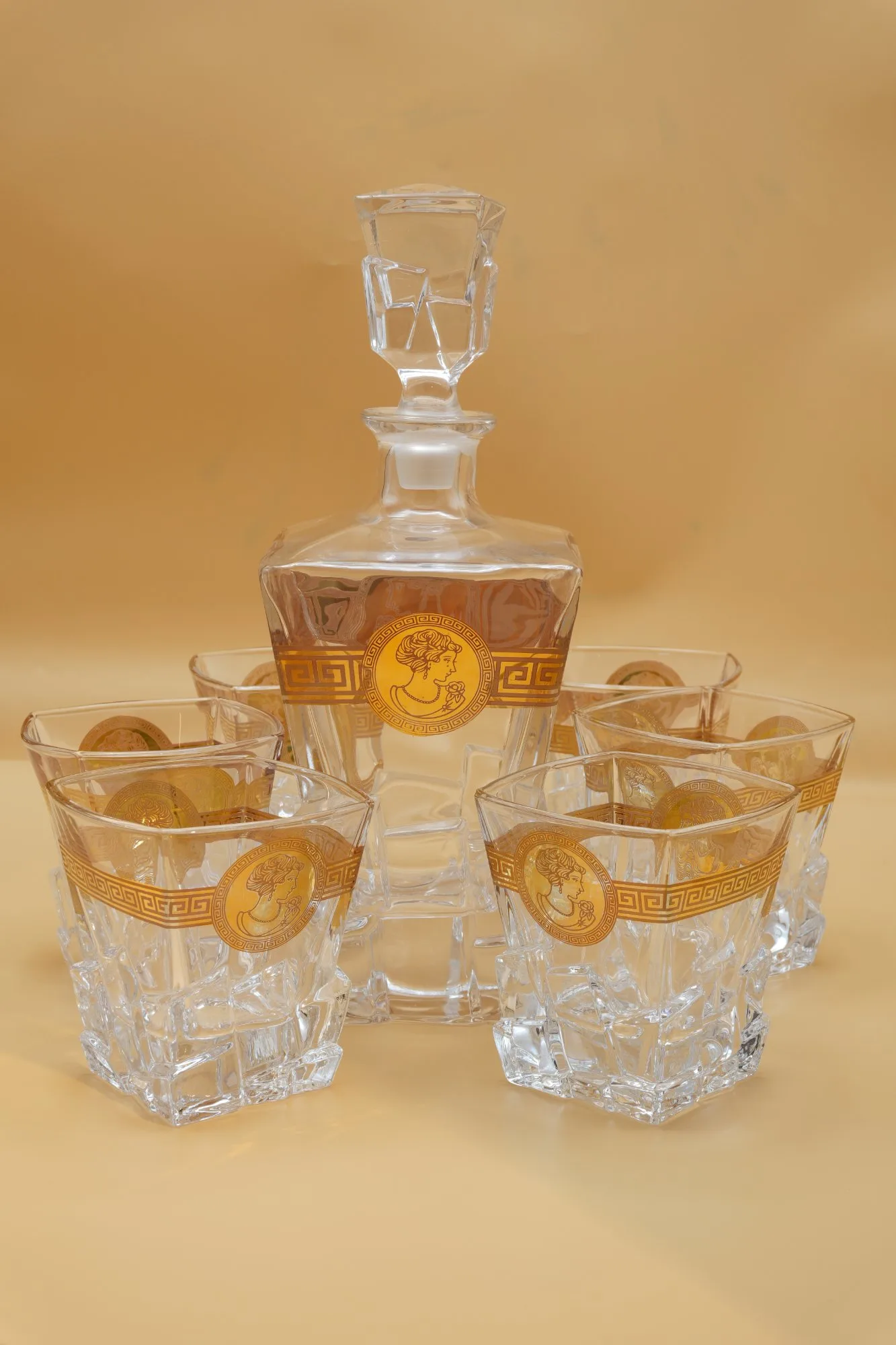 Classic Gold Medallion Glass Decanter Set