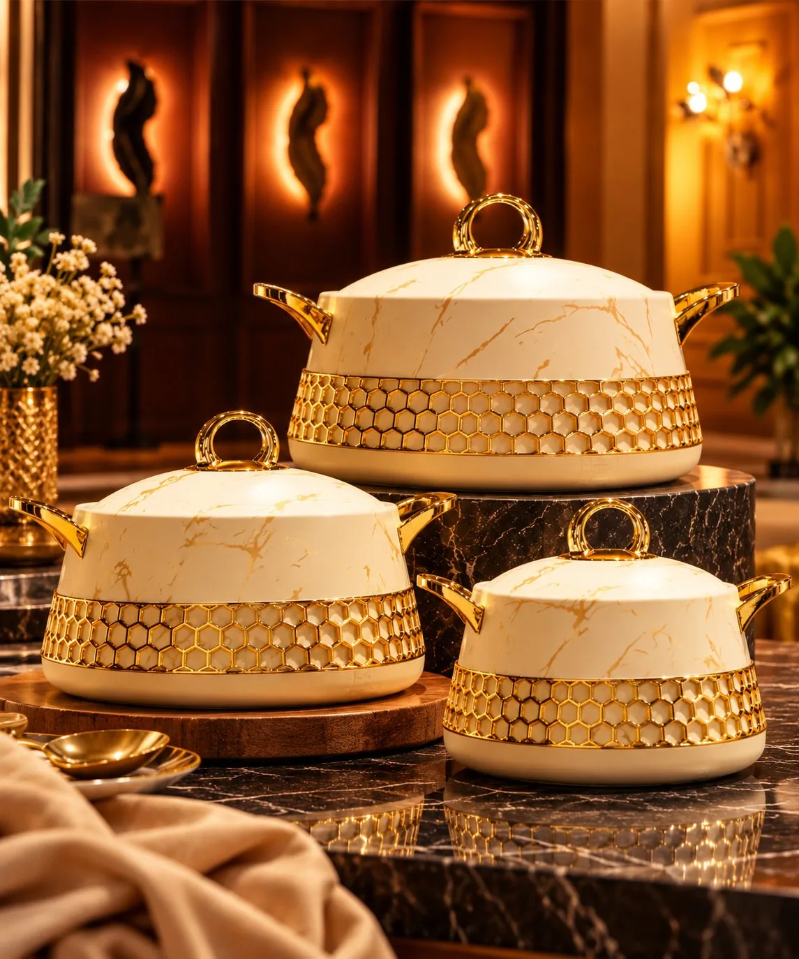 Premium Marble Design Gold-Trimmed Hotpot Set – 3 Pieces