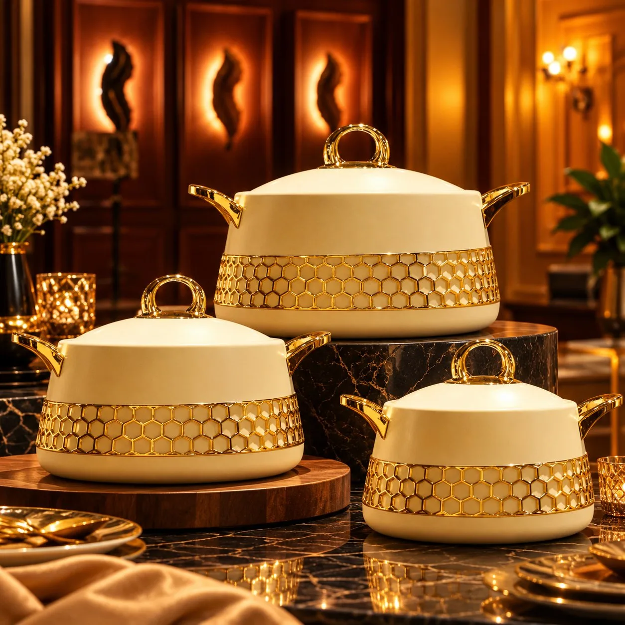 Premium Ivory & Gold Honeycomb Hotpot Set – 3 Pieces