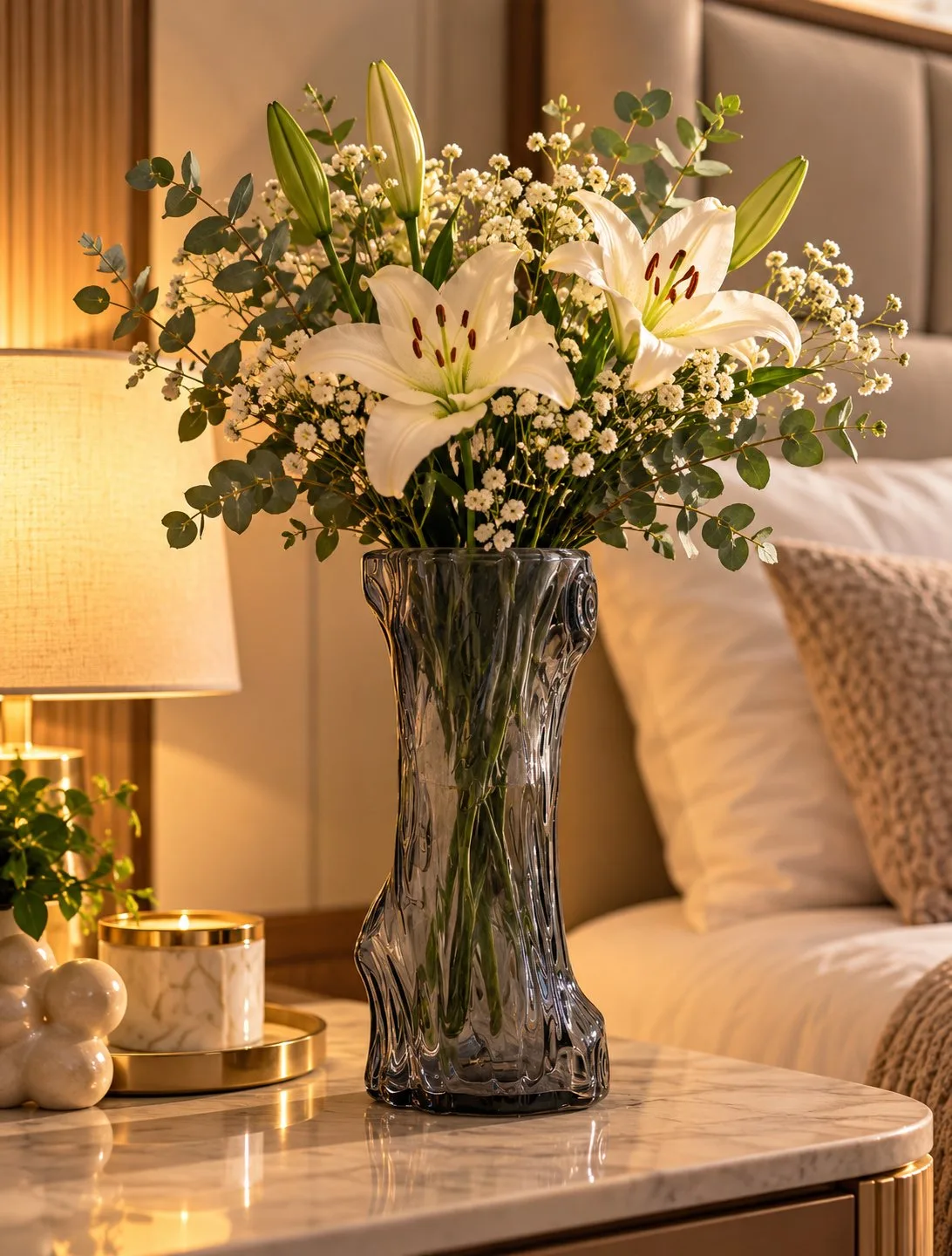 Elegant Smoke Grey Tree Bark Textured Glass Vase