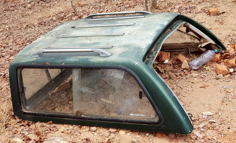 Roof smashed off on display at the entrance to Mushroom Farm Eco Lodge in Northern Malawi