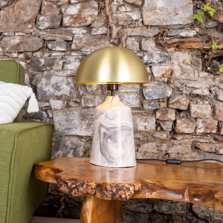 Cassia Tall Ceramic Marbled Table Lamp with Brass Dome Shade, Satin Brass